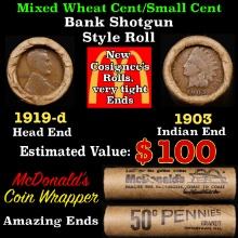 Lincoln Wheat Cent 1c Mixed Roll Orig Brandt McDonalds Wrapper, 1919-d end, 1903 Indian other end