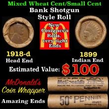 Lincoln Wheat Cent 1c Mixed Roll Orig Brandt McDonalds Wrapper, 1918-d end, 1899 Indian other end