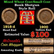 Lincoln Wheat Cent 1c Mixed Roll Orig Brandt McDonalds Wrapper, 1918-d end, 1900 Indian other end
