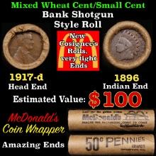 Lincoln Wheat Cent 1c Mixed Roll Orig Brandt McDonalds Wrapper, 1917-d end, 1896 Indian other end