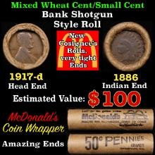 Lincoln Wheat Cent 1c Mixed Roll Orig Brandt McDonalds Wrapper, 1917-d end, 1886 Indian other end