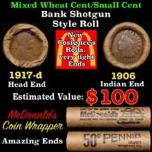 Lincoln Wheat Cent 1c Mixed Roll Orig Brandt McDonalds Wrapper, 1917-d end, 1906 Indian other end
