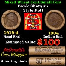Lincoln Wheat Cent 1c Mixed Roll Orig Brandt McDonalds Wrapper, 1919-d end, 1904 Indian other end