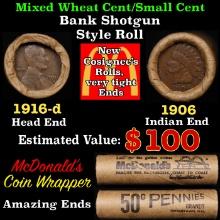 Lincoln Wheat Cent 1c Mixed Roll Orig Brandt McDonalds Wrapper, 1919-d end, 1906 Indian other end