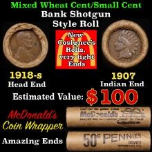 Lincoln Wheat Cent 1c Mixed Roll Orig Brandt McDonalds Wrapper, 1918-s end, 1907 Indian other end