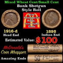 Lincoln Wheat Cent 1c Mixed Roll Orig Brandt McDonalds Wrapper, 1916-d end, 1895 Indian other end