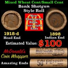 Lincoln Wheat Cent 1c Mixed Roll Orig Brandt McDonalds Wrapper, 1918-d end, 1898 Indian other end