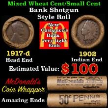 Lincoln Wheat Cent 1c Mixed Roll Orig Brandt McDonalds Wrapper, 1917-d end, 1902 Indian other end