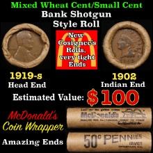 Lincoln Wheat Cent 1c Mixed Roll Orig Brandt McDonalds Wrapper, 1919-s end, 1902 Indian other end