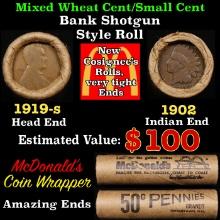 Small Cent Mixed Roll Orig Brandt McDonalds Wrapper, 1919-s Lincoln Wheat end, 1902 Indian other end