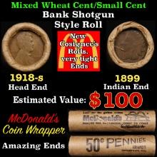 Small Cent Mixed Roll Orig Brandt McDonalds Wrapper, 1918-s Lincoln Wheat end, 1899 Indian other end