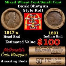 Small Cent Mixed Roll Orig Brandt McDonalds Wrapper, 1917-s Lincoln Wheat end, 1891 Indian other end