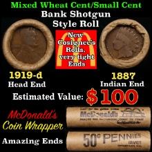 Small Cent Mixed Roll Orig Brandt McDonalds Wrapper, 1919-d Lincoln Wheat end, 1887 Indian other end