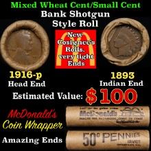 Small Cent Mixed Roll Orig Brandt McDonalds Wrapper, 1916-p Lincoln Wheat end, 1893 Indian other end