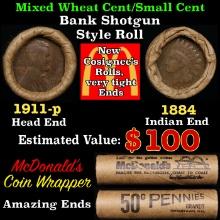 Small Cent Mixed Roll Orig Brandt McDonalds Wrapper, 1911-p Lincoln Wheat end, 1884 Indian other end