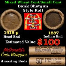 Small Cent Mixed Roll Orig Brandt McDonalds Wrapper, 1918-p Lincoln Wheat end, 1887 Indian other end