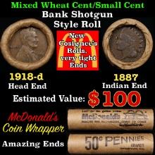 Small Cent Mixed Roll Orig Brandt McDonalds Wrapper, 1918-d Lincoln Wheat end, 1887 Indian other end