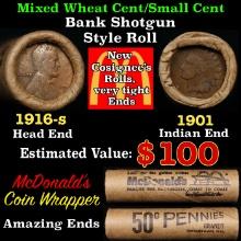 Small Cent Mixed Roll Orig Brandt McDonalds Wrapper, 1916-s Lincoln Wheat end, 1901 Indian other end