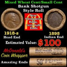 Small Cent Mixed Roll Orig Brandt McDonalds Wrapper, 1918-s Lincoln Wheat end, 1895 Indian other end