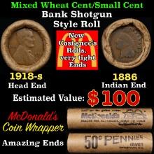 Small Cent Mixed Roll Orig Brandt McDonalds Wrapper, 1918-s Lincoln Wheat end, 1886 Indian other end