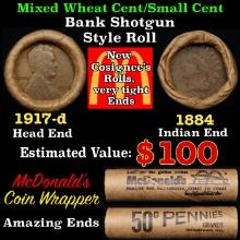Small Cent Mixed Roll Orig Brandt McDonalds Wrapper, 1917-d Lincoln Wheat end, 1884 Indian other end