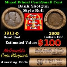 Small Cent Mixed Roll Orig Brandt McDonalds Wrapper, 1911-p Lincoln Wheat end, 1905 Indian other end