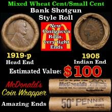 Small Cent Mixed Roll Orig Brandt McDonalds Wrapper, 1919-p Lincoln Wheat end, 1905 Indian other end