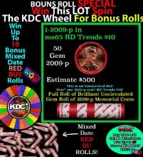 1-10 FREE BU RED Penny rolls with win of this 2009-p Cabin SOLID RED BU Lincoln 1c roll incredibly F