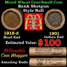 Small Cent Mixed Roll Orig Brandt McDonalds Wrapper, 1918-d Lincoln Wheat end, 1901 Indian other end