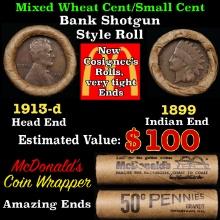 Small Cent Mixed Roll Orig Brandt McDonalds Wrapper, 1913-d Lincoln Wheat end, 1899 Indian other end