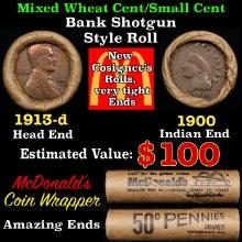 Small Cent Mixed Roll Orig Brandt McDonalds Wrapper, 1913-d Lincoln Wheat end, 1900 Indian other end