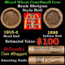 Small Cent Mixed Roll Orig Brandt McDonalds Wrapper, 1915-d Lincoln Wheat end, 1898 Indian other end