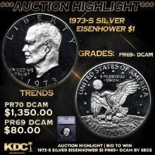 Proof ***Auction Highlight*** 1973-s Silver Eisenhower Dollar 1 Graded pr69+ dcam By SEGS (fc)