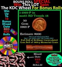 1-10 FREE BU RED Penny rolls with win of this 1969-p SOLID RED BU Lincoln 1c roll incredibly FUN whe
