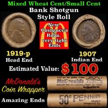 Small Cent Mixed Roll Orig Brandt McDonalds Wrapper, 1919-p Lincoln Wheat end, 1907 Indian other end