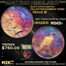 ***Auction Highlight*** 1924-p Peace Dollar Steve Martin Collection Rainbow Toned $1 Graded GEM+ Unc