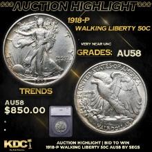 ***Auction Highlight*** 1918-p Walking Liberty Half Dollar 50c Graded au58 By SEGS (fc)