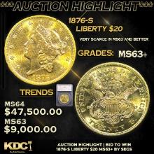 ***Auction Highlight*** 1876-s Gold Liberty Double Eagle $20 Graded ms63+ By SEGS (fc)