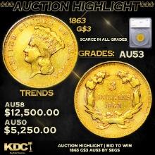 ***Auction Highlight*** 1863 Three Dollar Gold 3 Graded au53 BY SEGS (fc)