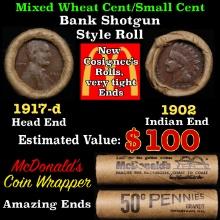 Small Cent Mixed Roll Orig Brandt McDonalds Wrapper, 1917-d Lincoln Wheat end, 1902 Indian other end