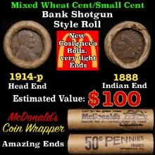 Small Cent Mixed Roll Orig Brandt McDonalds Wrapper, 1914-p Lincoln Wheat end, 1888 Indian other end