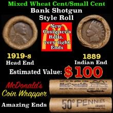 Small Cent Mixed Roll Orig Brandt McDonalds Wrapper, 1919-s Lincoln Wheat end, 1889 Indian other end
