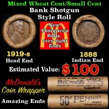 Small Cent Mixed Roll Orig Brandt McDonalds Wrapper, 1919-s Lincoln Wheat end, 1888 Indian other end