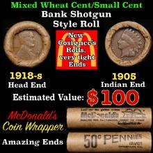 Small Cent Mixed Roll Orig Brandt McDonalds Wrapper, 1918-s Lincoln Wheat end, 1905 Indian other end