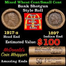 Small Cent Mixed Roll Orig Brandt McDonalds Wrapper, 1917-s Lincoln Wheat end, 1897 Indian other end