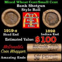 Small Cent Mixed Roll Orig Brandt McDonalds Wrapper, 1919-s Lincoln Wheat end, 1892 Indian other end