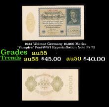 1922 Weimar Germany 10,000 Marks "Vampire" Post-WWI Hyperinflation Note P# 72 Grades Choice AU