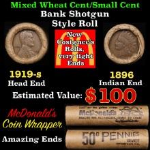 Small Cent Mixed Roll Orig Brandt McDonalds Wrapper, 1919-s Lincoln Wheat end, 1896 Indian other end