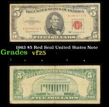 1963 $5 Red Seal United States Note Grades vf+