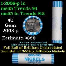 BU Shotgun Jefferson 5c roll, 2008-p 40 pcs Bank $2 Nickel Wrapper